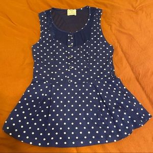 Urban Outfitters Peplum Navy Blue and White Polka Dot Top w Mesh Detail